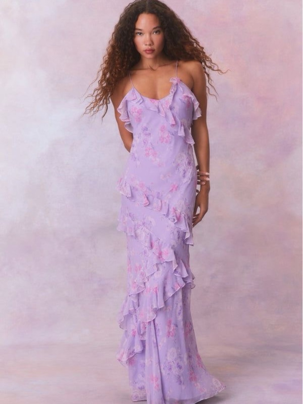 LOVE SHACK FANCY Lavender Floral Ruffle Slip Dress - Women's